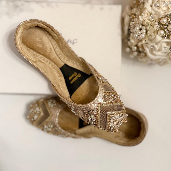 Handmade Gold Bridal Jutti: Cutwork Embroidered Khussa Shoes