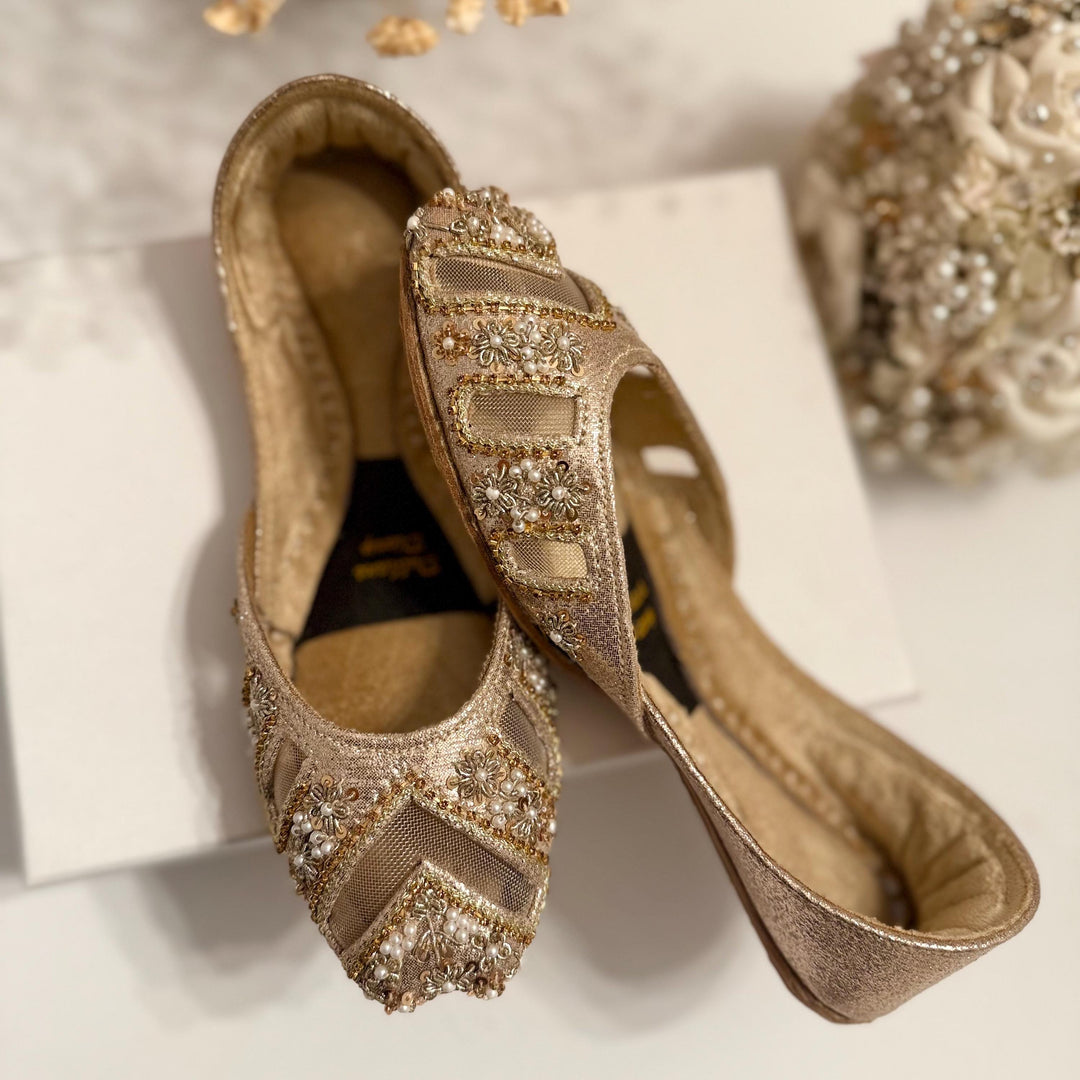 Handmade Gold Bridal Jutti: Cutwork Embroidered Khussa Shoes