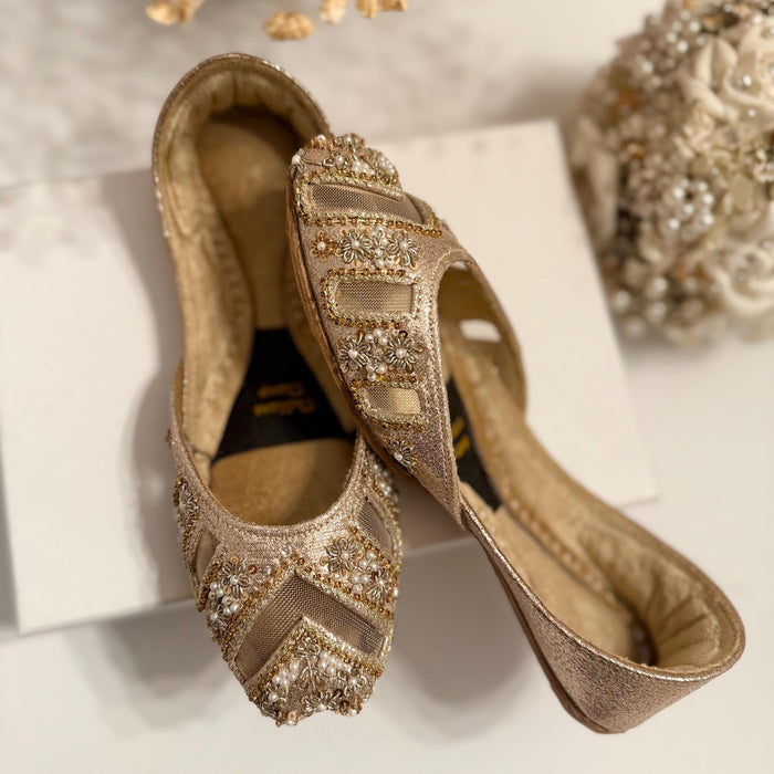 Handmade Gold Bridal Jutti: Cutwork Embroidered Khussa Shoes