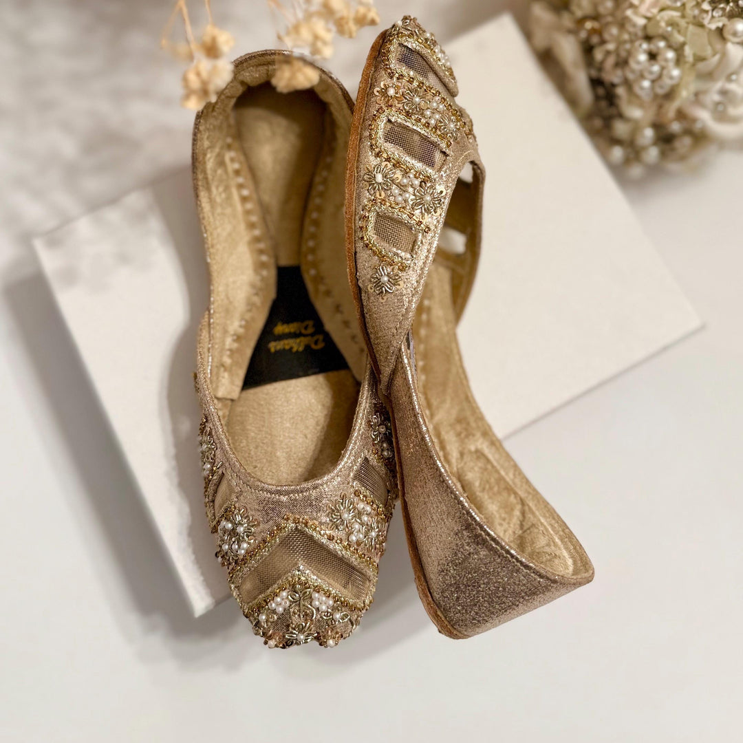 Handmade Gold Bridal Jutti: Cutwork Embroidered Khussa Shoes