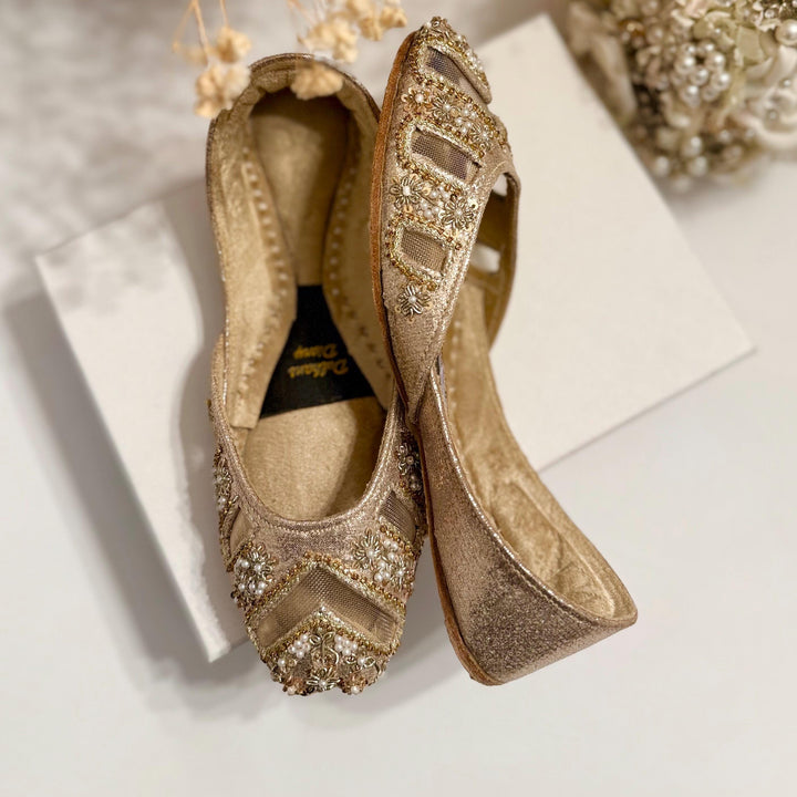 Handmade Gold Bridal Jutti: Cutwork Embroidered Khussa Shoes