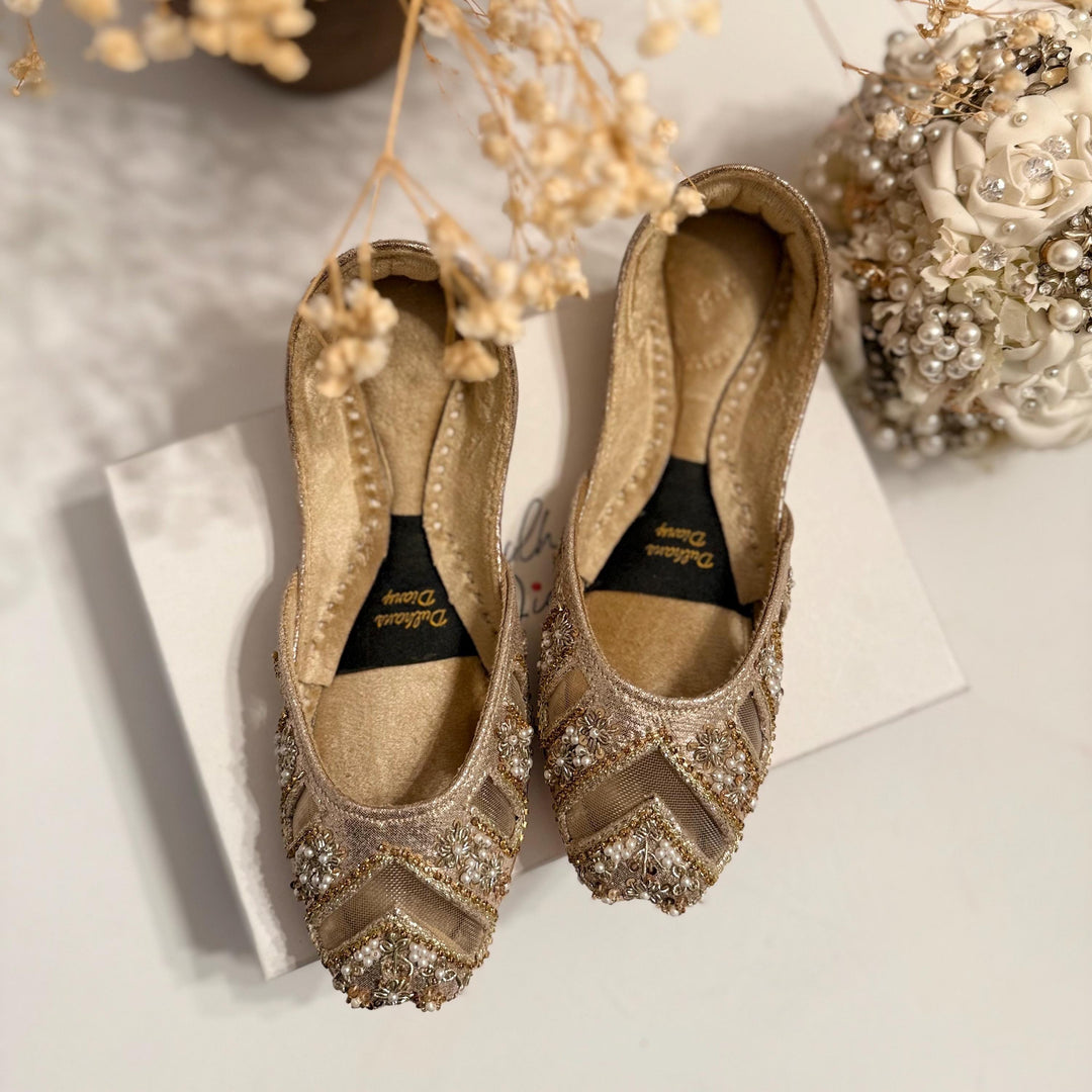 Handmade Gold Bridal Jutti: Cutwork Embroidered Khussa Shoes