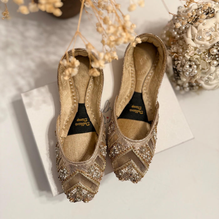 Handmade Gold Bridal Jutti: Cutwork Embroidered Khussa Shoes