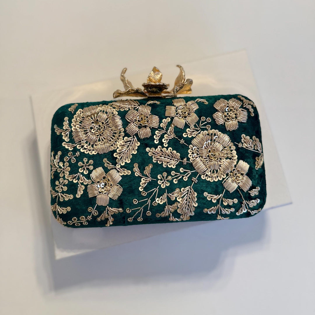 Emerald Green Velvet Clutch: Handmade Zardozi Embroidered Box Clutch