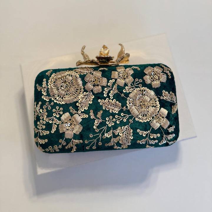 Emerald Green Velvet Clutch: Handmade Zardozi Embroidered Box Clutch