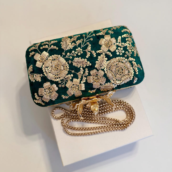 Emerald Green Velvet Clutch: Handmade Zardozi Embroidered Box Clutch