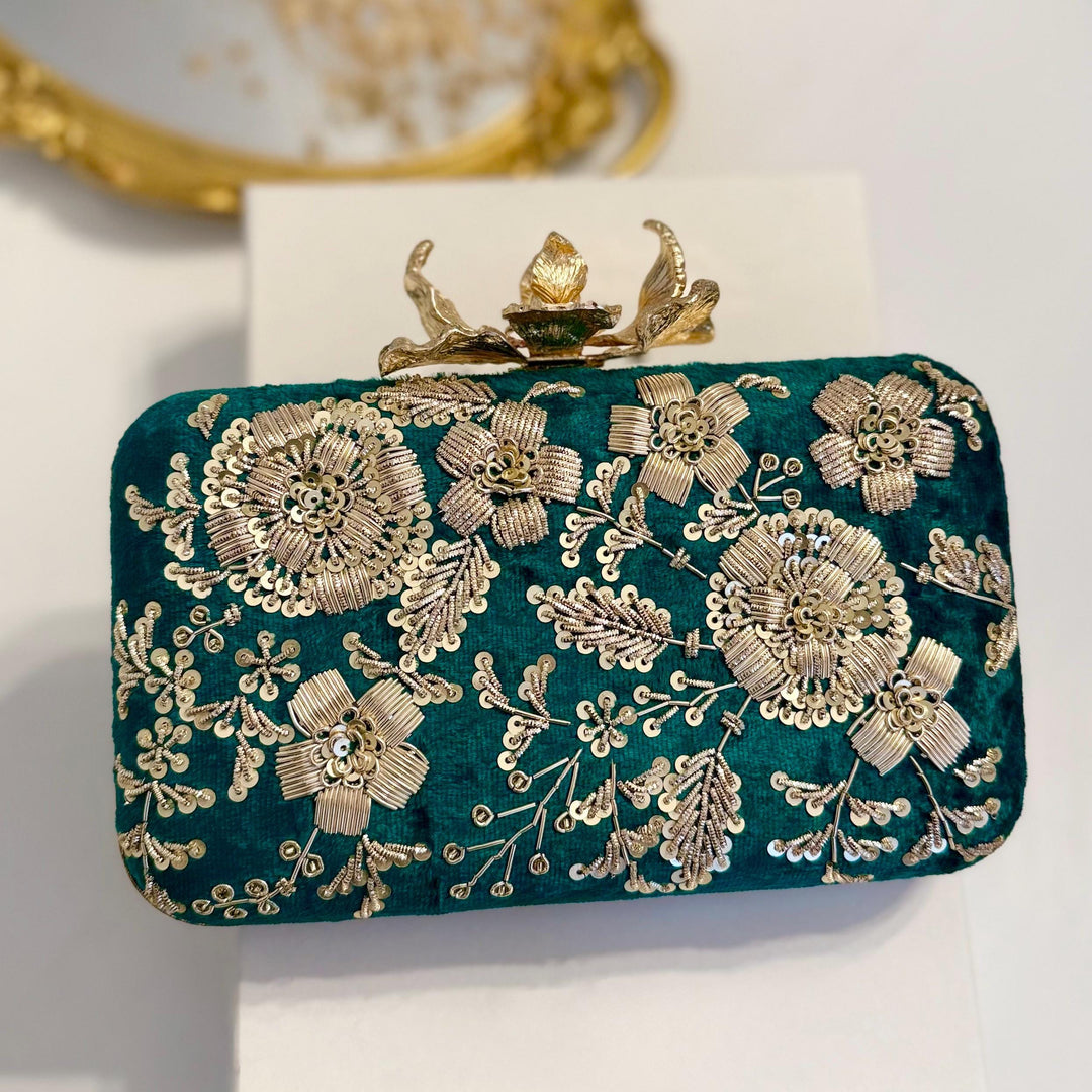 Emerald Green Velvet Clutch: Handmade Zardozi Embroidered Box Clutch