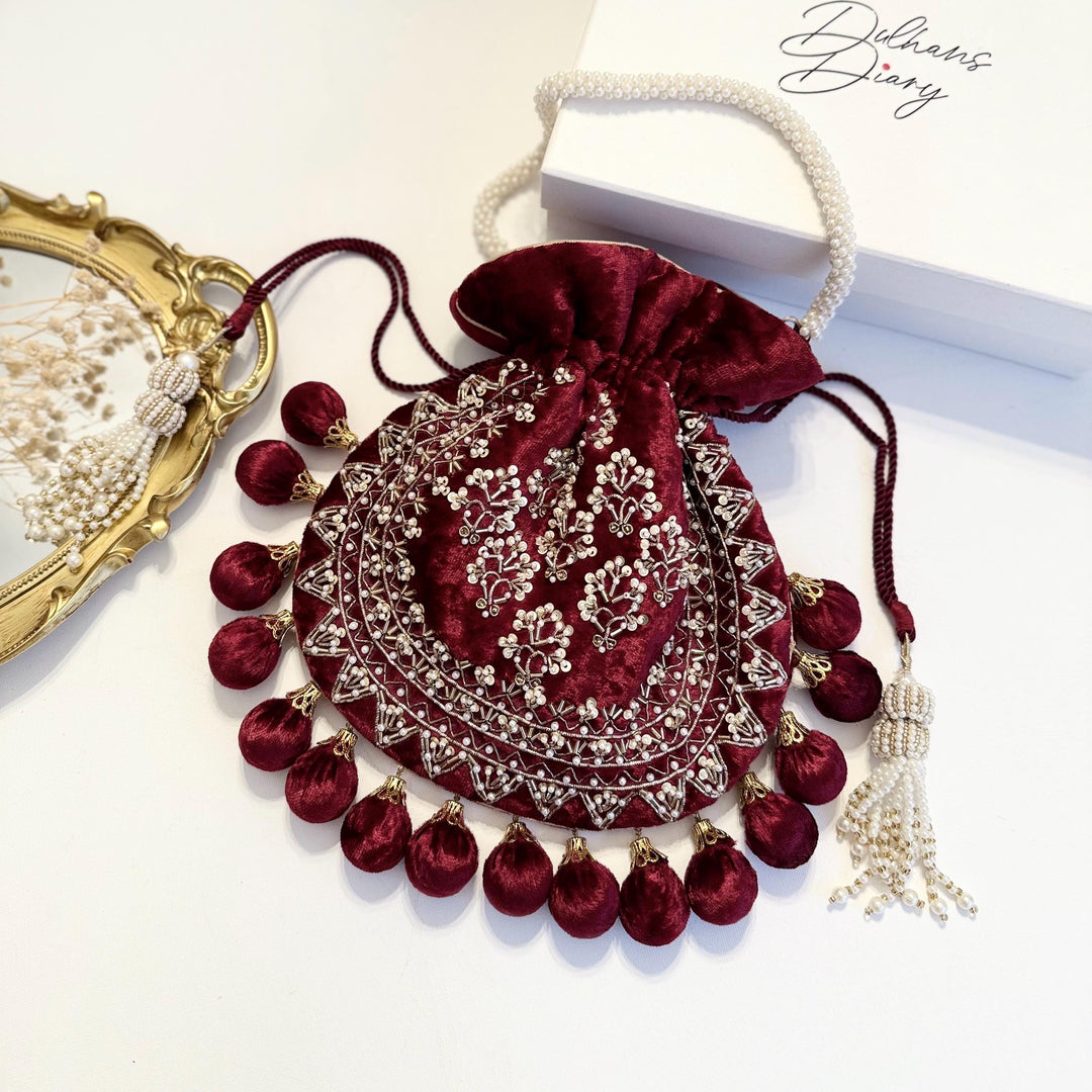 Handmade Maroon Velvet Potli Bag: Embroidered Bridal Clutch