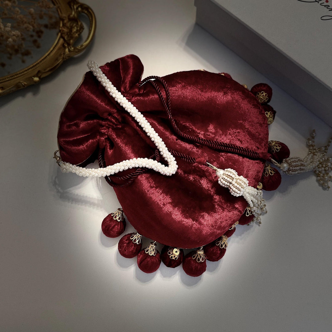 Handmade Maroon Velvet Potli Bag: Embroidered Bridal Clutch