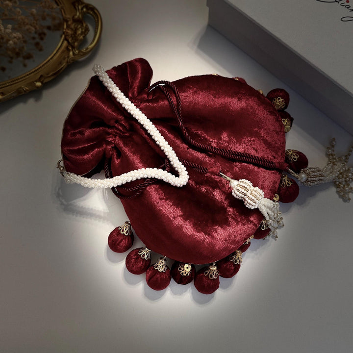 Handmade Maroon Velvet Potli Bag: Embroidered Bridal Clutch