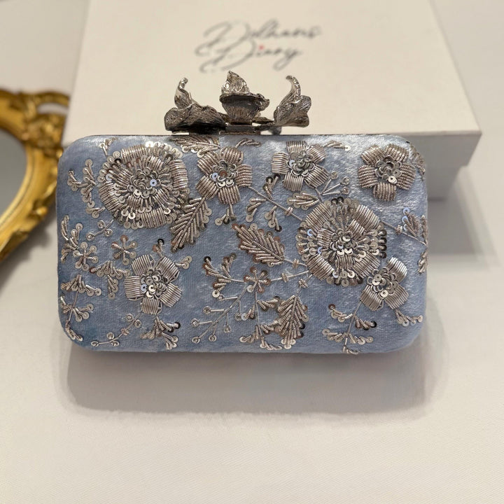 Powder Blue Zardozi Clutch: Handmade Velvet Indian Bridal Clutch