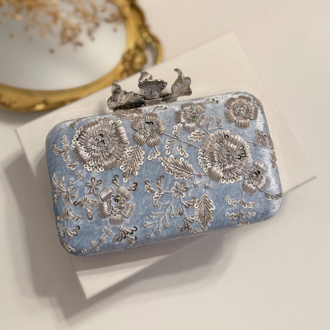 Powder Blue Zardozi Clutch: Handmade Velvet Indian Bridal Clutch