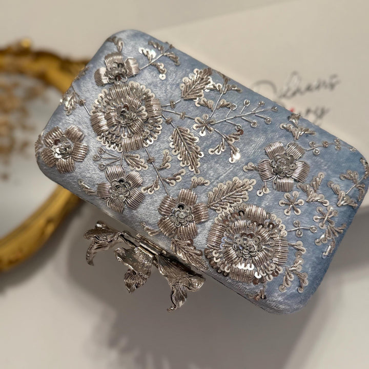 Powder Blue Zardozi Clutch: Handmade Velvet Indian Bridal Clutch