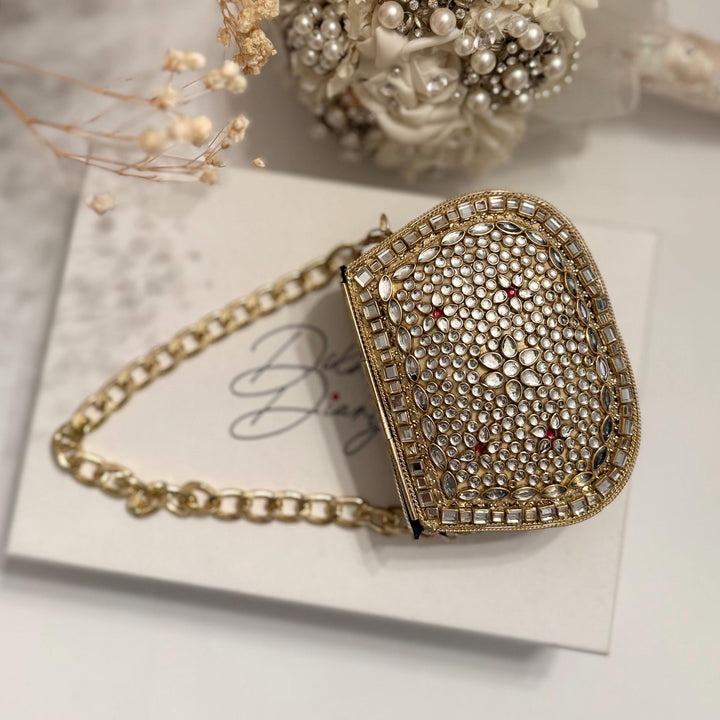 Sage Green & Ruby Kundan Clutch: Mini Statement Metal Bag