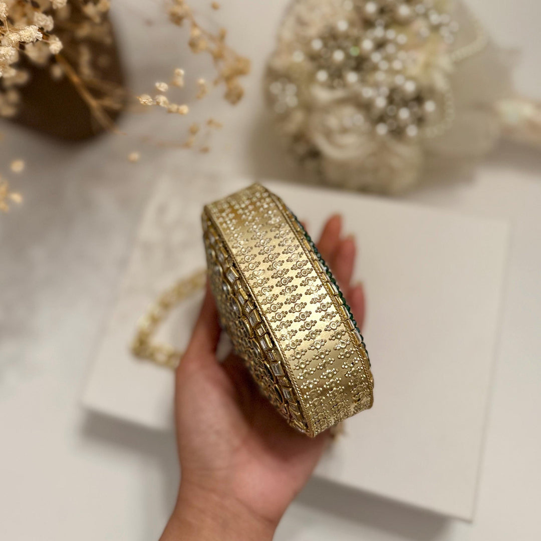 Sage Green & Ruby Kundan Clutch: Mini Statement Metal Bag