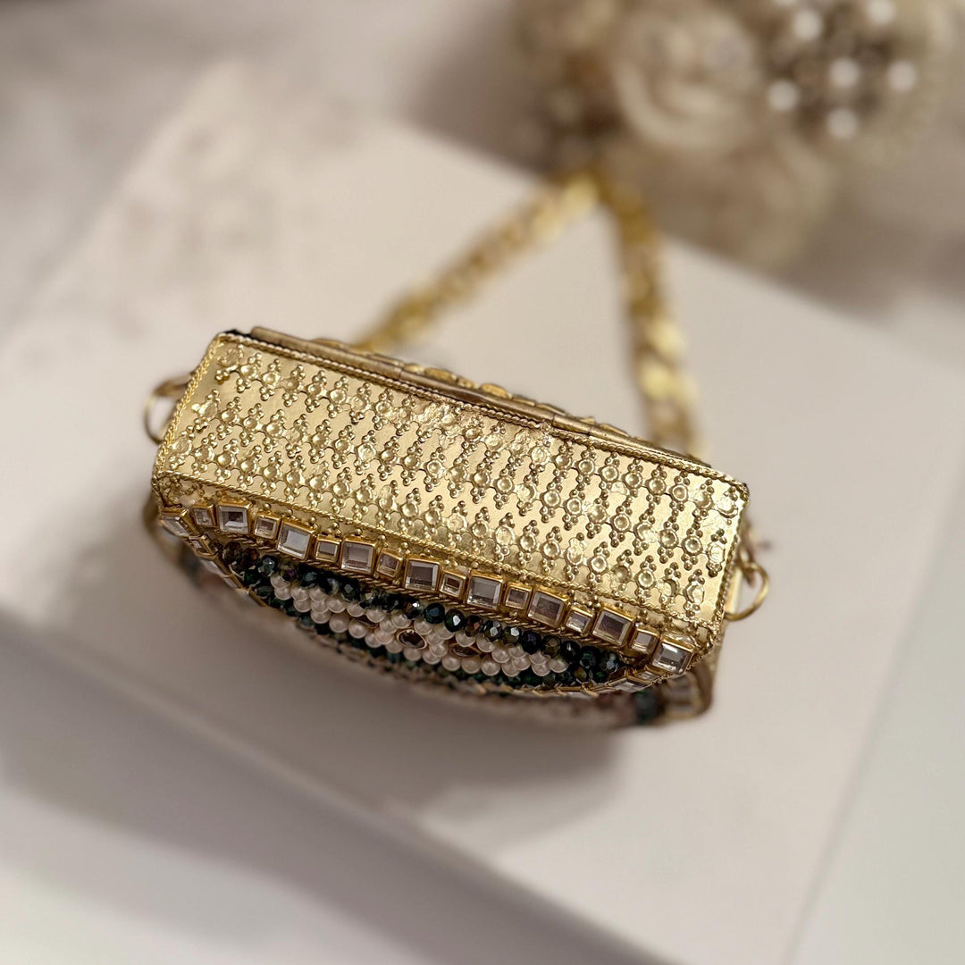 Sage Green & Ruby Kundan Clutch: Mini Statement Metal Bag
