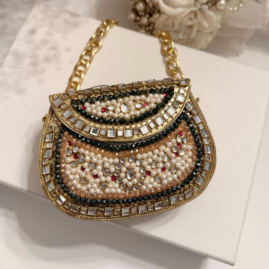 Sage Green & Ruby Kundan Clutch: Mini Statement Metal Bag
