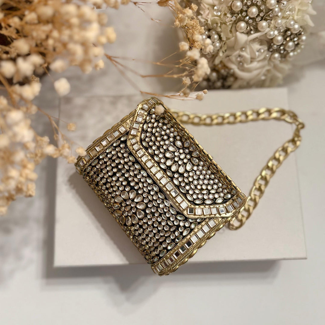 Kundan Stone Mini Clutch: Gold & Silver Dual Tone Evening Bag