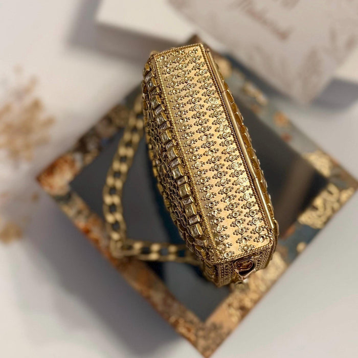 Kundan Stone Mini Clutch: Gold & Silver Dual Tone Evening Bag