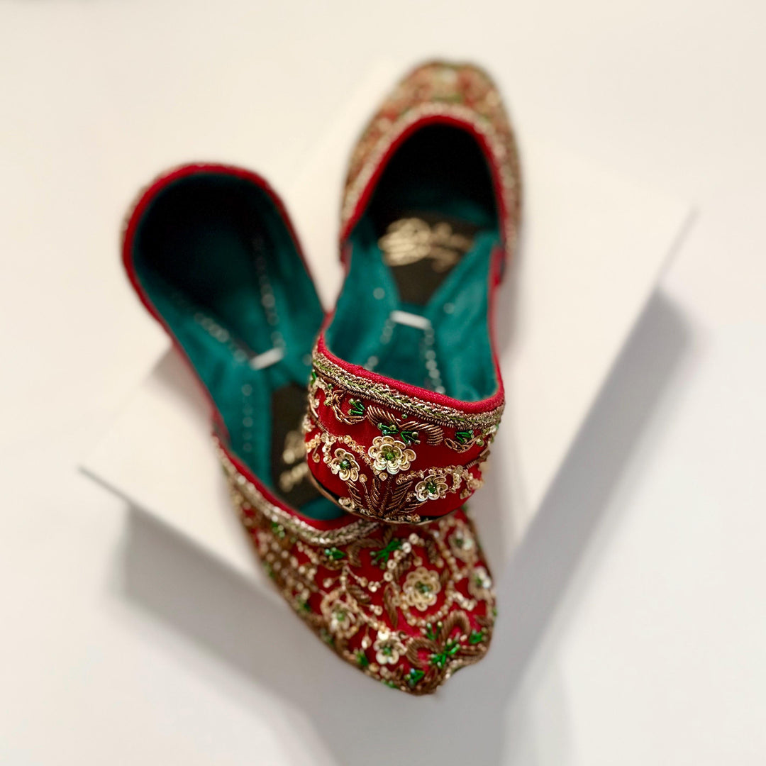 Handmade Deep Red Velvet Bridal Khussa Jutti: Pakistani Wedding Shoes