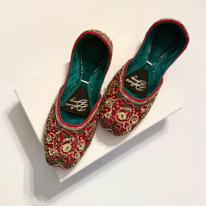 Handmade Deep Red Velvet Bridal Khussa Jutti: Pakistani Wedding Shoes