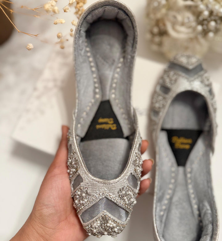Handmade Silver Bridal Jutti: Cutwork Embroidered Wedding Shoes