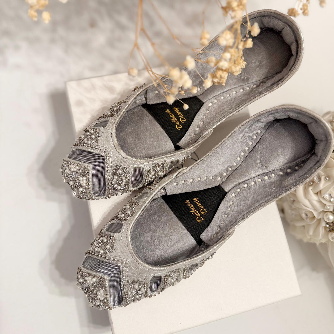 Handmade Silver Bridal Jutti: Cutwork Embroidered Wedding Shoes