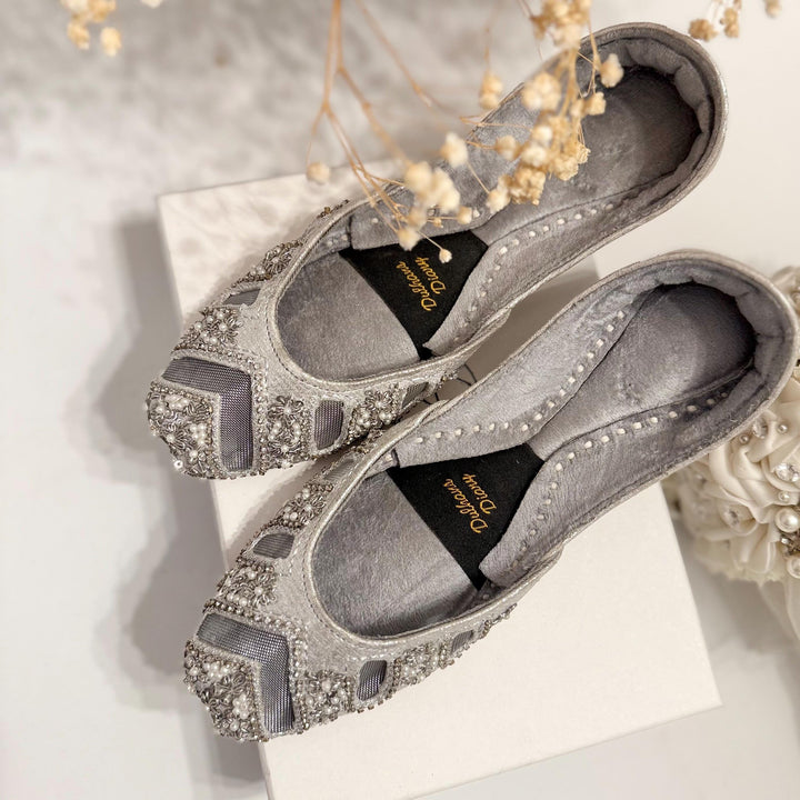 Handmade Silver Bridal Jutti: Cutwork Embroidered Wedding Shoes