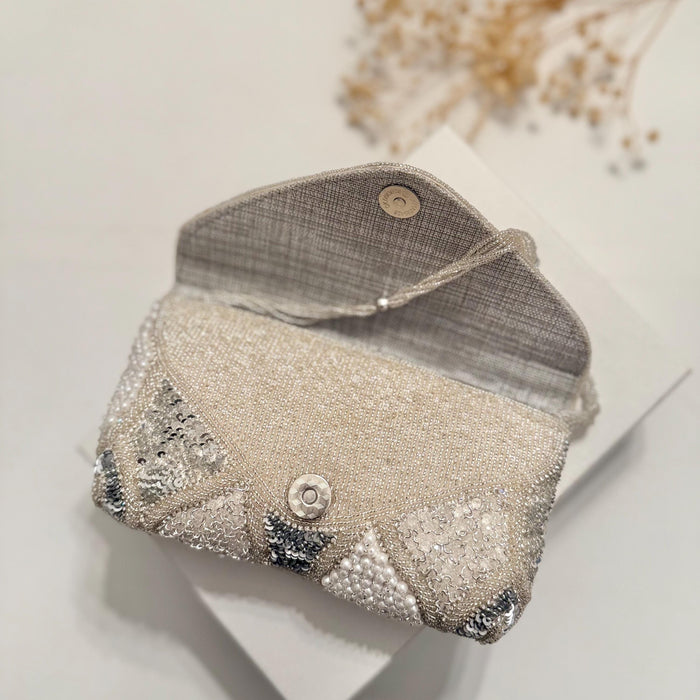 Beaded Bridal Clutch: Silver Gray White Sequin Evening Bag