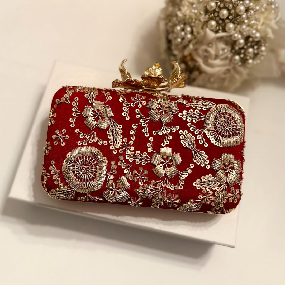 Handmade Red Zardozi Clutch: Indian Pakistani Box Clutch