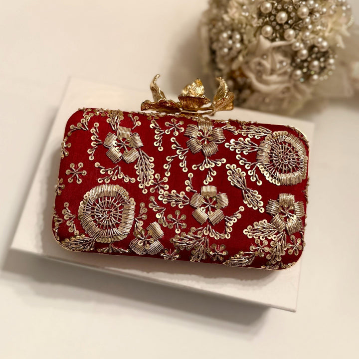 Handmade Red Zardozi Clutch: Indian Pakistani Box Clutch