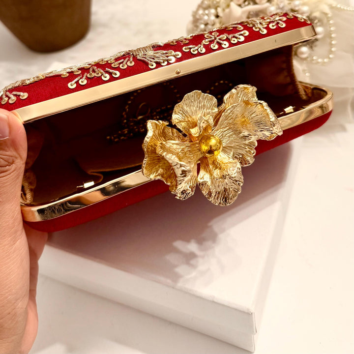 Handmade Red Zardozi Clutch: Indian Pakistani Box Clutch