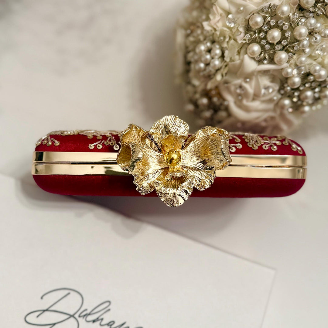 Handmade Red Zardozi Clutch: Indian Pakistani Box Clutch