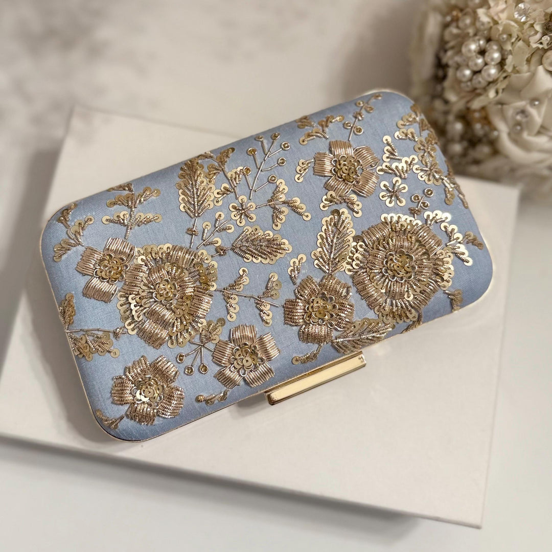Powder Blue Bridal Clutch: Handmade Zardozi Floral Embroidery