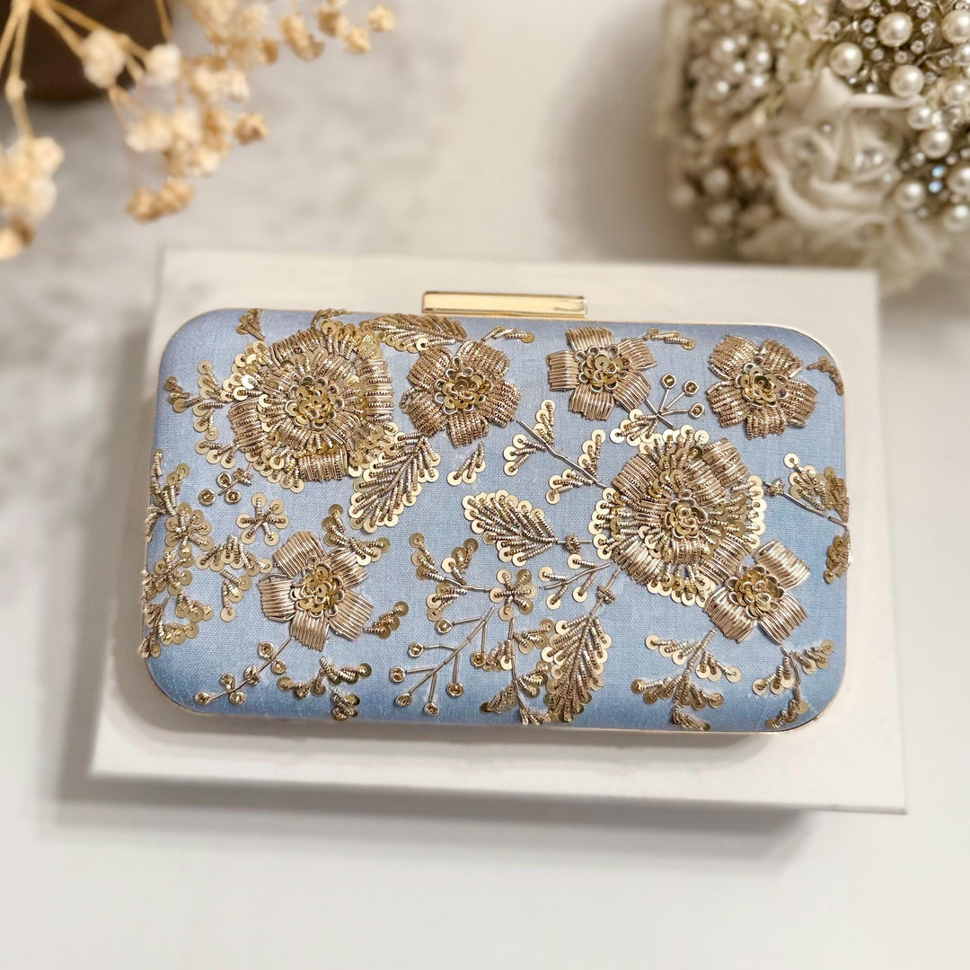 Powder Blue Bridal Clutch: Handmade Zardozi Floral Embroidery