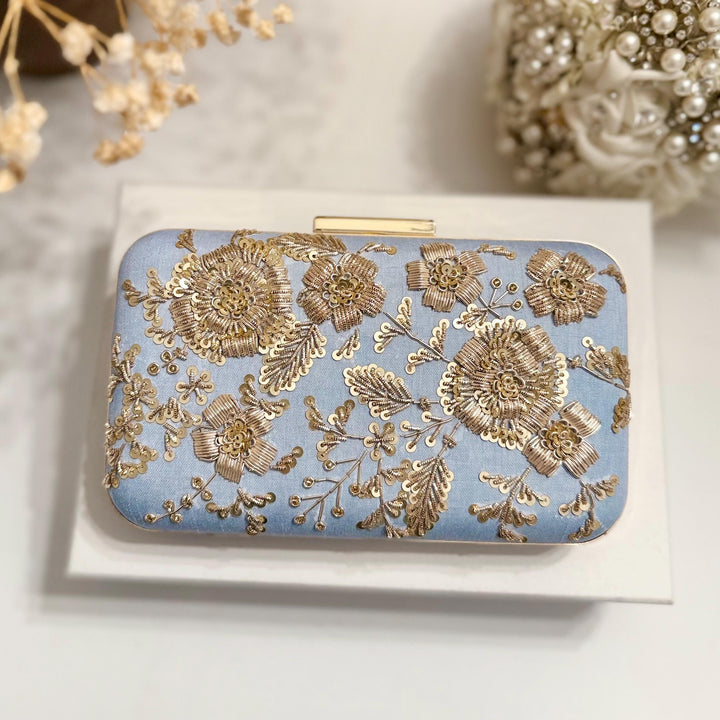 Powder Blue Bridal Clutch: Handmade Zardozi Floral Embroidery