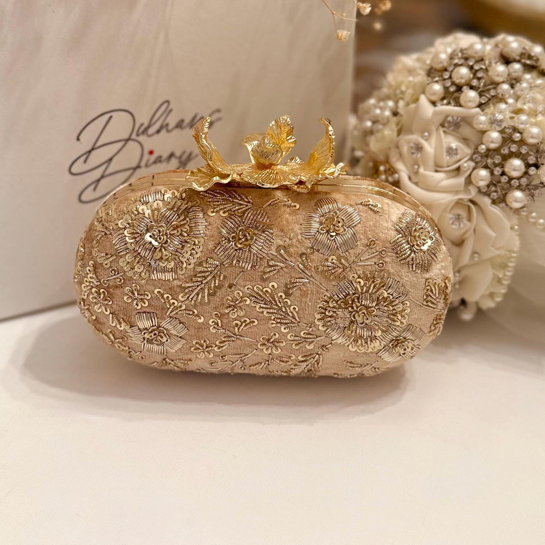 Champagne Gold Zardozi Clutch: Bridal Wedding Evening Bag