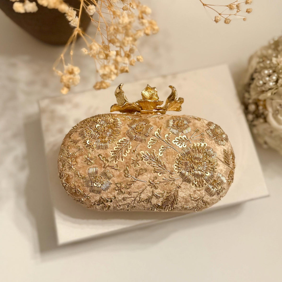Champagne Gold Zardozi Clutch: Bridal Wedding Evening Bag