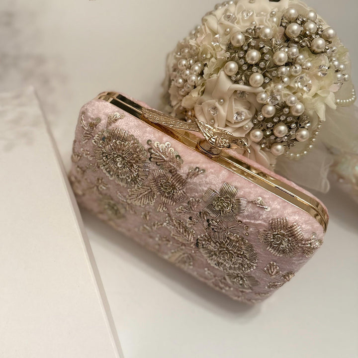 Handmade Zardozi Embroidered Velvet Clutch: Pastel Pink Evening Bag