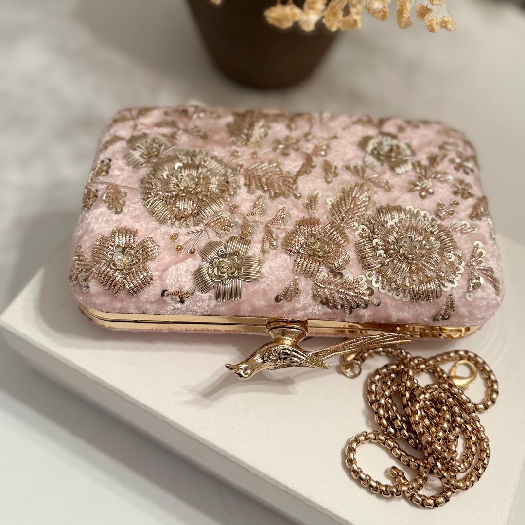 Handmade Zardozi Embroidered Velvet Clutch: Pastel Pink Evening Bag