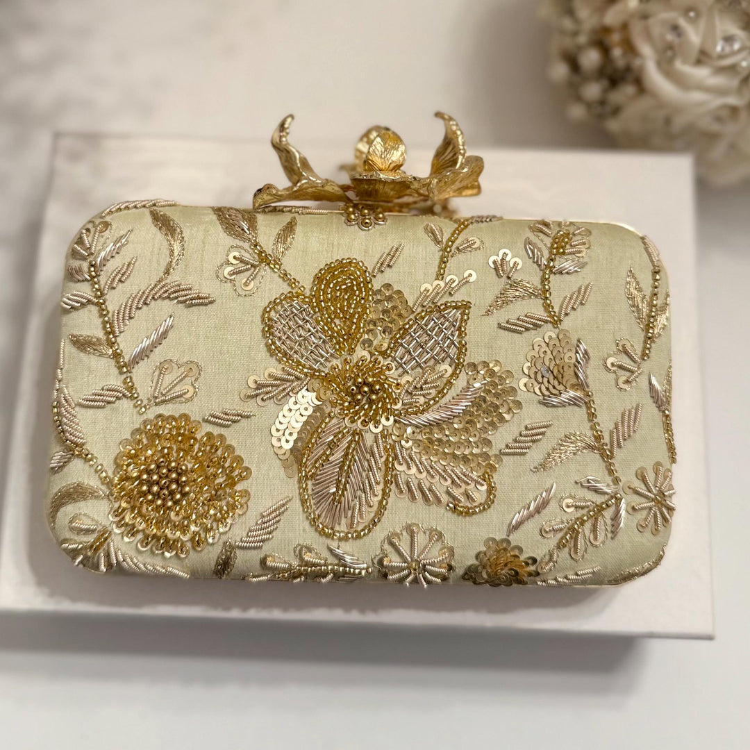 Sage Green Zardozi Clutch: Handmade Indian Box Clutch with Wristlet