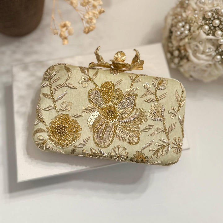 Sage Green Zardozi Clutch: Handmade Indian Box Clutch with Wristlet