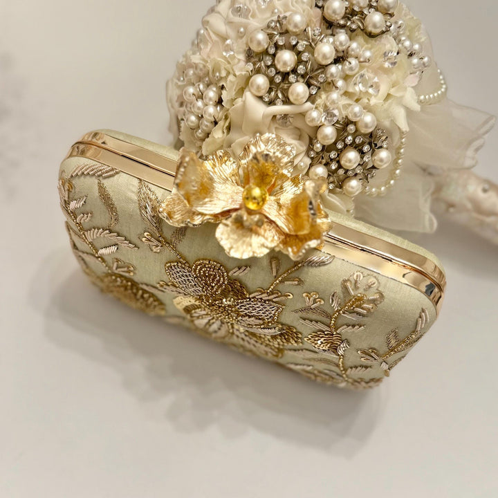 Sage Green Zardozi Clutch: Handmade Indian Box Clutch with Wristlet