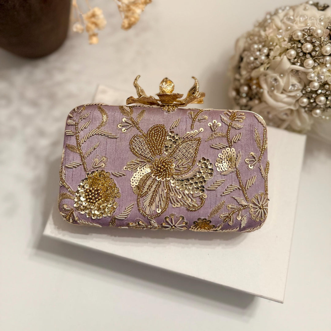 Lavender Zardozi Clutch: Handmade Embroidered Box Clutch