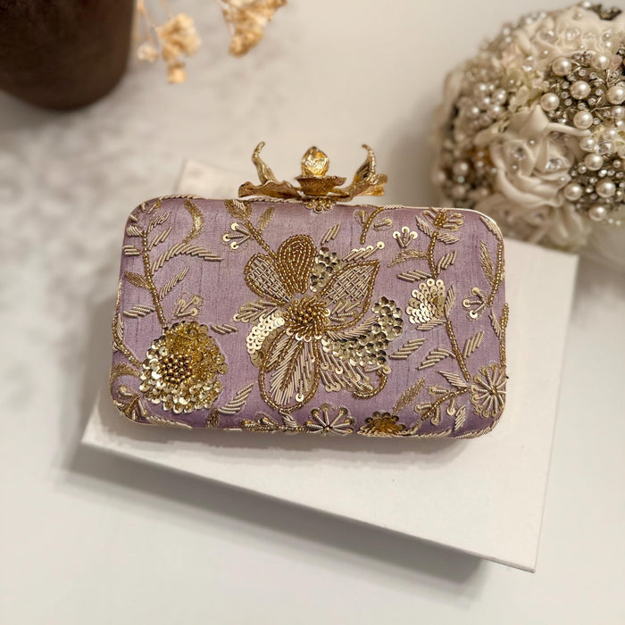 Lavender Zardozi Clutch: Handmade Embroidered Box Clutch