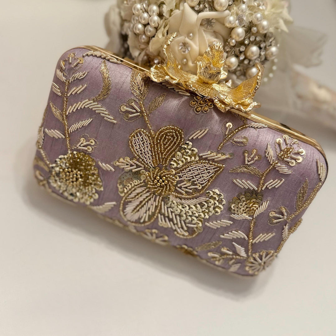 Lavender Zardozi Clutch: Handmade Embroidered Box Clutch