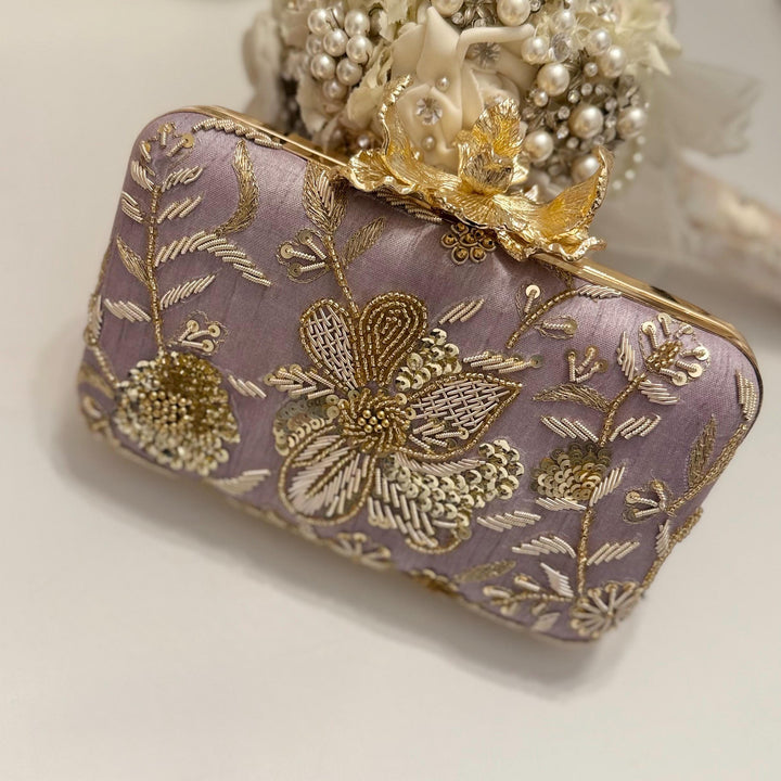 Lavender Zardozi Clutch: Handmade Embroidered Box Clutch