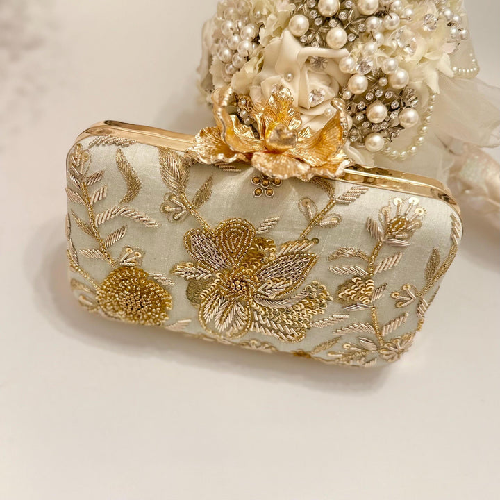 Mint Zardozi Clutch: Handmade Indian Velvet Box Clutch