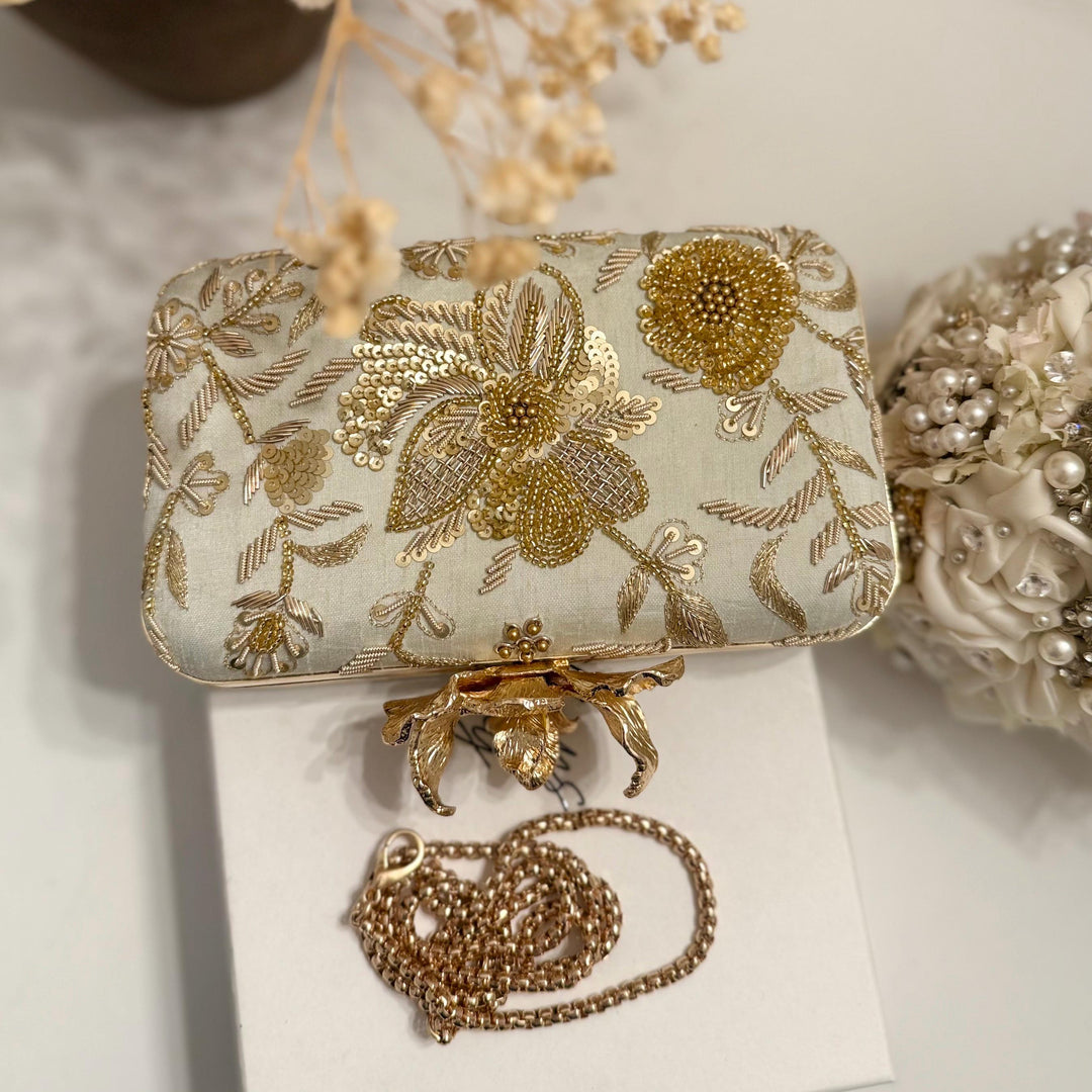 Mint Zardozi Clutch: Handmade Indian Velvet Box Clutch