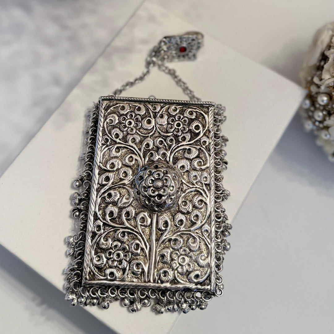 Mobile Shape Silver Clutch: Handmade Indian Brass Handbag with Emerald Pendant